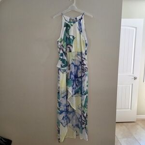 Le Chateau Floral Maxi Dress in Blue, Green, and Yellow